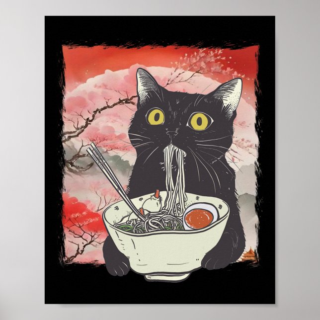 Affiche Retro Japonais Chat Manger Ramen nouilles amusante (Devant)
