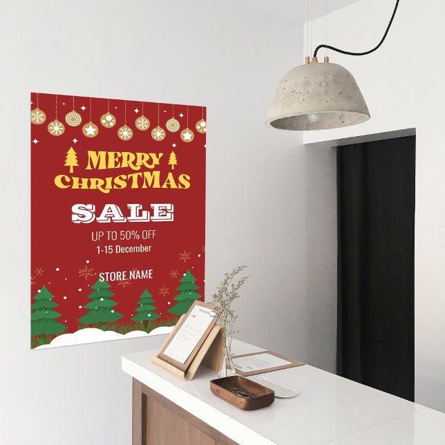 Affiche Retro Joyeux Arbres de Noël Commerce Vente Annonce (Merry Christmas Pine Tree Business Sale Ads Poster)