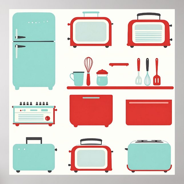 Affiche Retro Kitchen Appliances Pattern (Devant)