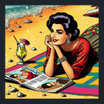 Affiche Retro Lady at Beach Daydreabout Fashion<br><div class="desc">Une femme de style pop art rétro dans les années 1950 s'habille en buvant un cocktail et en rêvant de la mode lire un magazine à la plage.</div>
