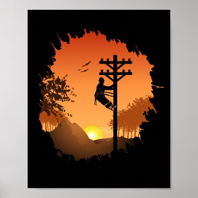 Affiche Retro Lineman Coucher de soleil Père Câble électri (Devant)