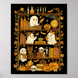 Affiche Retro Livre Chat Noir Halloween Lecture Fantôme