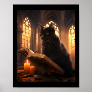 Affiche Retro Livre de lecture de chat noir Vintage Hallow