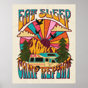 Affiche Retro Manger Dormir Camping Répéter