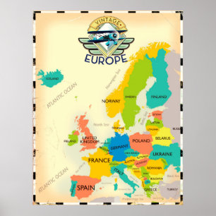 Affiche Retro Map Of Europe.