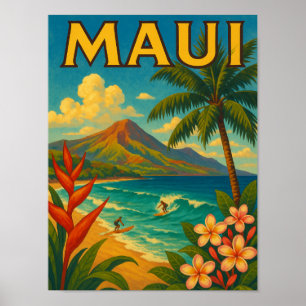 Affiche Retro Maui Hawaii Surfer Paradise Travel