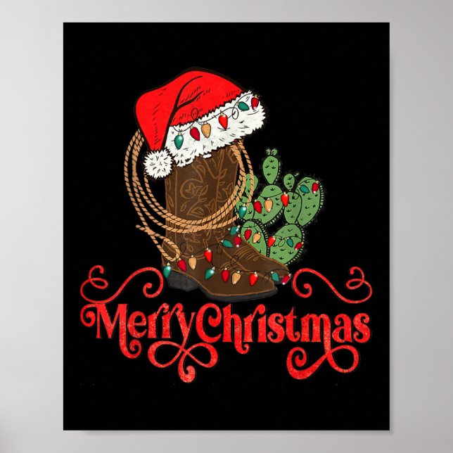 Affiche Retro Merry Xmas Santa Hat Cowboy Botte Western Ch (Devant)