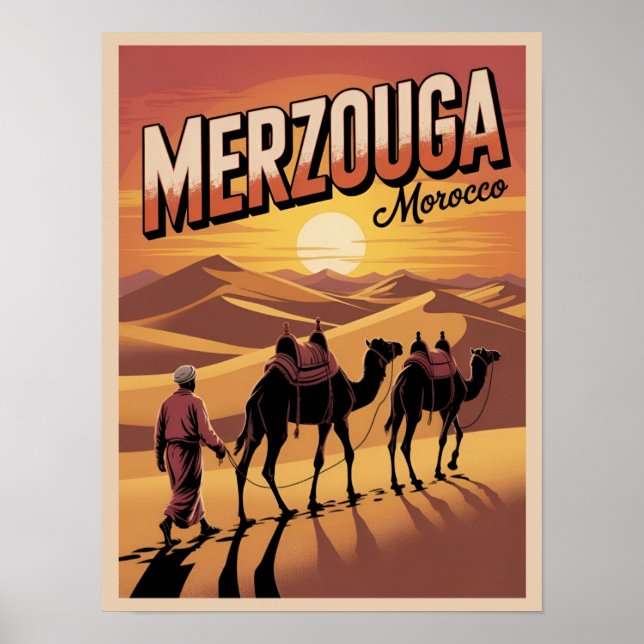 Affiche Retro Merzouga sahara camel ride morocco travel gi (Devant)