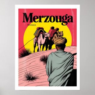 Affiche Retro Merzouga sahara randonnée à dos de chameau m