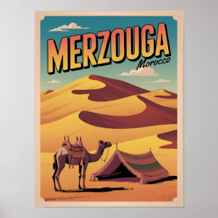 Affiche Retro Merzouga sahara randonnée à dos de chameau m