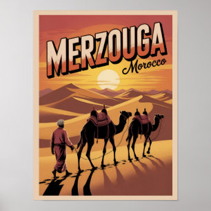 Affiche Retro Merzouga sahara randonnée à dos de chameau m