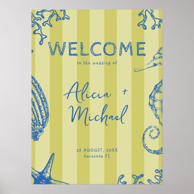 Affiche Retro modern beach striped wedding welcome sign (Devant)