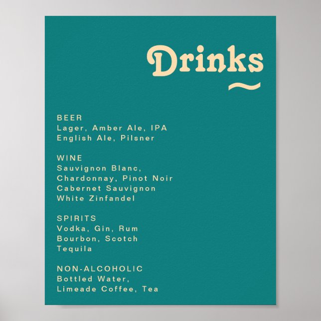 Affiche Rétro moderne | Menu des boissons Mariage Turquois (Devant)