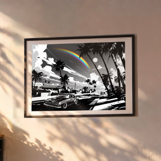 Affiche Retro Muscle Car Hawaii Rainbow Modern Street Art