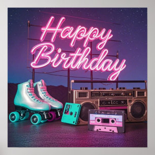 Affiche Retro neon Joyeux Anniversaire signe en rose et tu