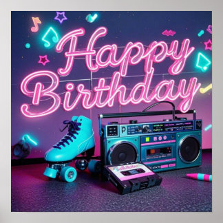 Affiche Retro neon Joyeux Anniversaire signe en rose et tu