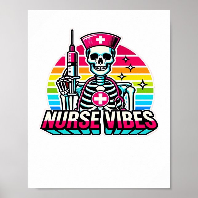 Affiche Retro Neon Skeleton Nurse - Funny Éffrayant D (Devant)