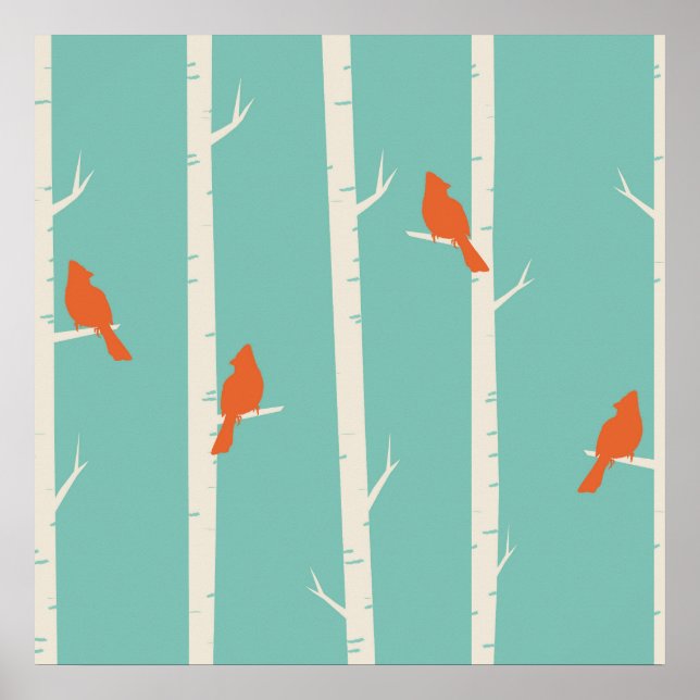 Affiche Rétro Orange Birds on Birch Trees (Devant)