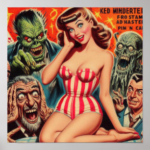 Affiche Rétro Pin-up et Monstres