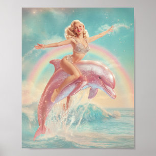 Affiche Retro Pin-Up Girl à cheval un Dauphin rose étincel