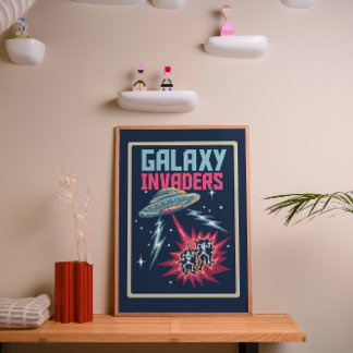 Affiche Retro Pixel Art Neon Pink and Teal Galaxy Invaders