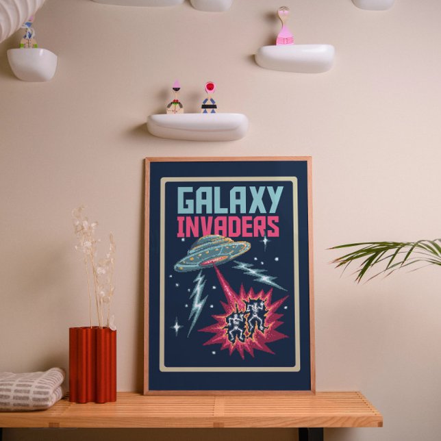 Affiche Retro Pixel Art Neon Pink and Teal Galaxy Invaders (Créateur téléchargé)