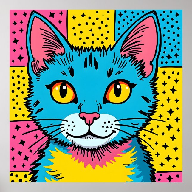 Affiche Retro Pop Art 80's Style Blue Cat (Devant)