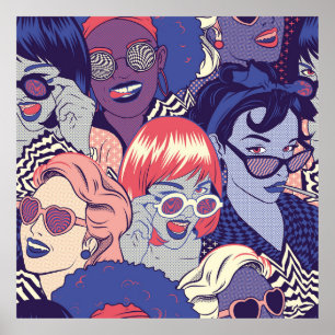 Affiche Retro Pop Art Comic Girls Seamless Motif. Gestionn
