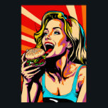 Affiche Retro Pop Art Girl Manger Burger<br><div class="desc">Cette affiche présente un design amusant et d'inspiration rétro qui combine des éléments de pop art et de culture de diner vintage. L'image centrale est celle d'une fille grignotant joyeusement sur un hamburger juteux, entouré de graphismes audacieux et colorés. L'ensemble est ludique et apporte une touche de fantaisie à tout...</div>