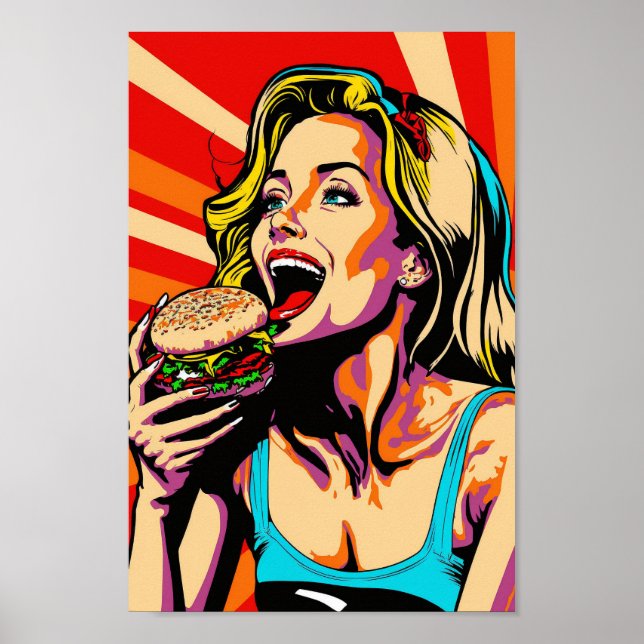 Affiche Retro Pop Art Girl Manger Burger (Devant)