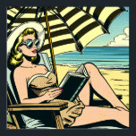 Affiche Retro Pop Art Lady sur la plage<br><div class="desc">Bande dessinée pop art noir et jaune style ai art représentant une femme lisant un livre sur la plage dans des lunettes de soleil et portant un chapeau de soleil sous un parapluie.</div>