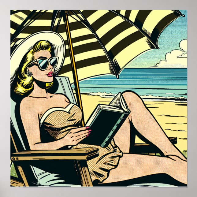 Affiche Retro Pop Art Lady sur la plage (Devant)
