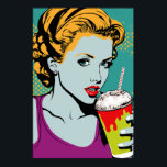 Affiche Retro Pop Art Milkshake Girl<br><div class="desc">Il présente un design ludique et d'inspiration rétro qui combine des éléments d'art pop et une culture de diner vintage. L'image centrale est celle d'une jeune fille souriante tenant un grand milk-shake crémeux, entouré de graphismes audacieux et colorés. L'ensemble est amusant et ne manquera pas d'ajouter une touche de fantaisie...</div>