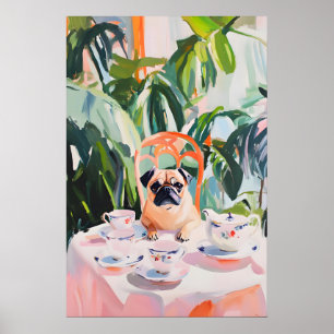 Affiche rétro Pug, peinture à l'huile Pug, Pug vin