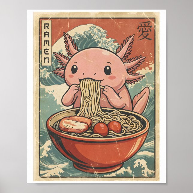 Affiche Retro Ramen Axolotl Japanese Food Art Kawaii (Devant)