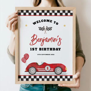 Affiche Retro Red Race Car Fast One Anniversaire Bienvenue