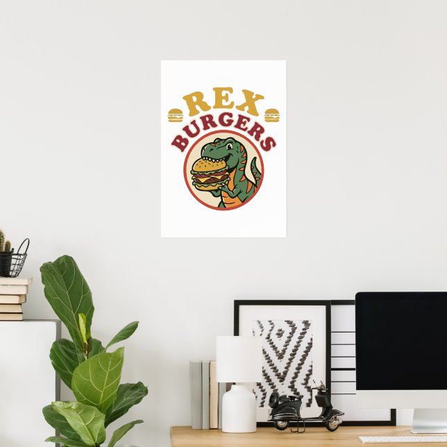 Affiche Retro Rex Burgers T-Rex Mangeant Cheeseburger 70s (Bureau à domicile)