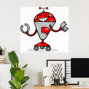 Affiche Retro Robot Cartoon amusant Rouge et Argent AI Bot