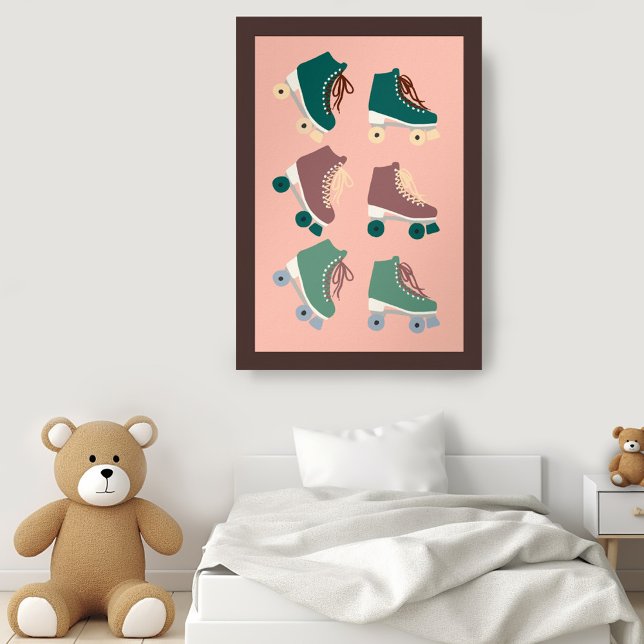 Affiche Retro Rollerskates Vert Dusty rose Cool Super (Retro Rollerskates Green Dusty Pink Poster Nursery Playroom Vintage Cute Groovy Wall Art)