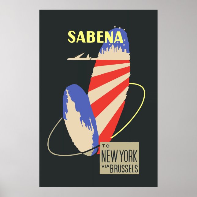 Affiche Retro Sabena Airlines à New York via Bruxelles (Devant)