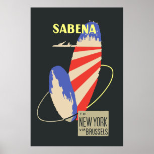 Affiche Retro Sabena Airlines to New York via Brussels