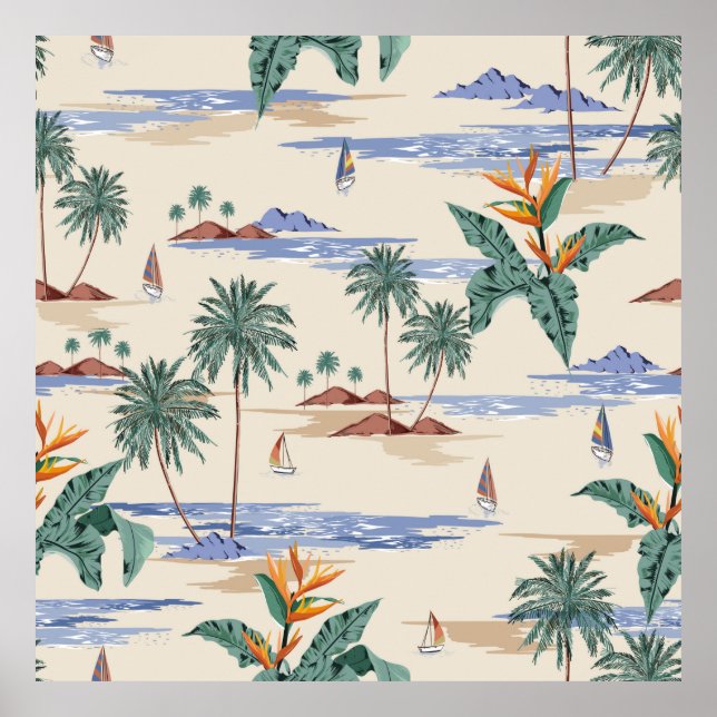 Affiche Retro sans couture motif d'île tropicale à la lumi (Devant)