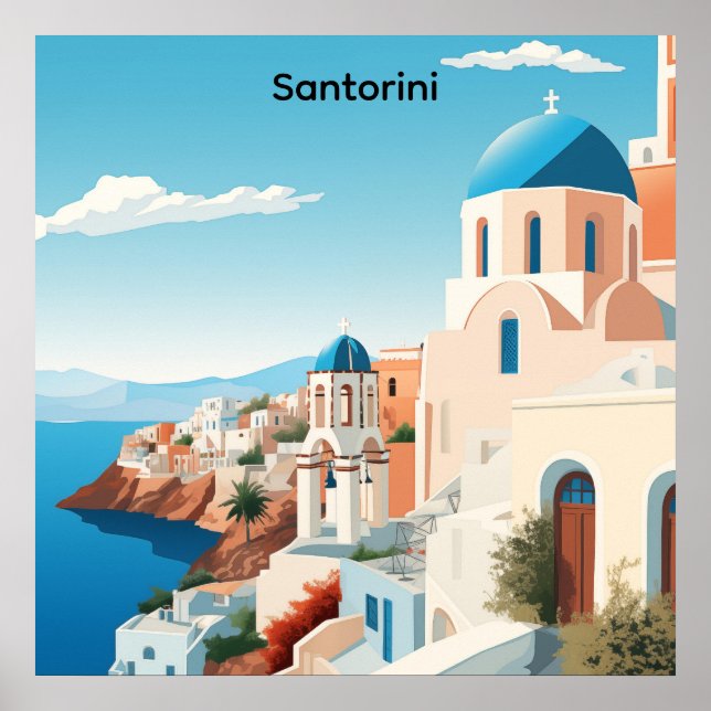 Affiche Retro Santorin Grèce Méditerranée Bleu & Blanc  (Devant)