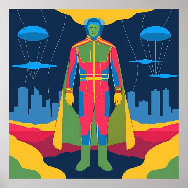Affiche Retro Sci-Fi Hero Over Cityscape (Devant)
