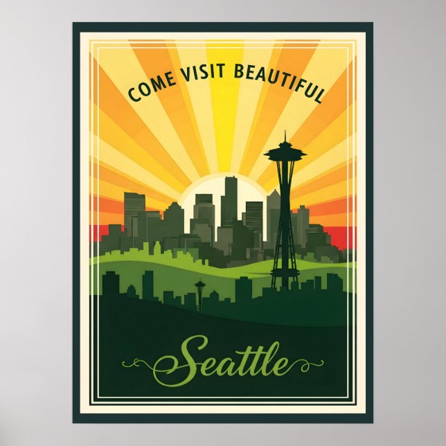 Affiche Retro Seattle skyline with space needle at sunset (Devant)