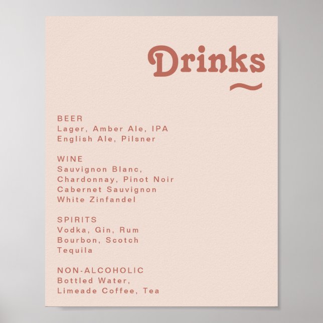 Affiche Rétro simple | Blush Rose Mariage Boissons Menu Si (Devant)