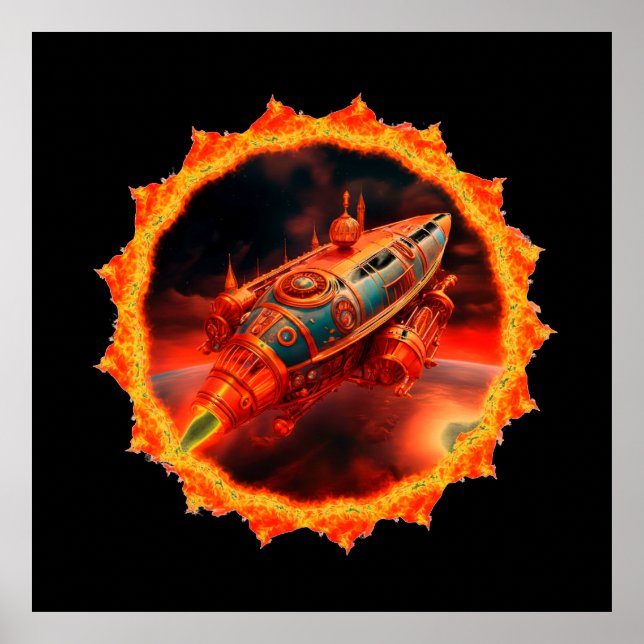 Affiche Retro Steampunk Moon Rocket (Devant)