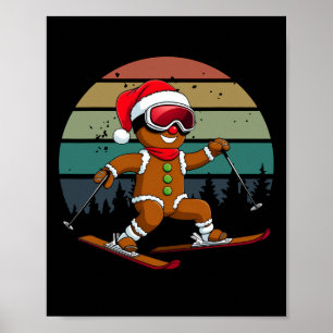 Affiche Retro Sun Gingerbread Man Skiant Chapeau de Noël X
