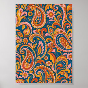 Affiche Rétro Terracotta et Bleu Nuit Paisley Sans Couture