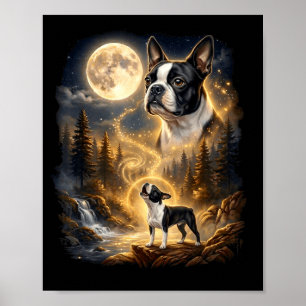 Affiche rétro terrier de Boston hurlant à la lune